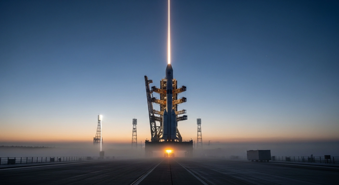 A towering Long March-10A rocket stands on a launchpad at China's Wenchang space center under a pre-dawn sky, symbolizing the nation's continued manned lunar exploration program despite recent cancellations of other rocket launches, including the Long March-3B and Ceres-2, due to failures.
