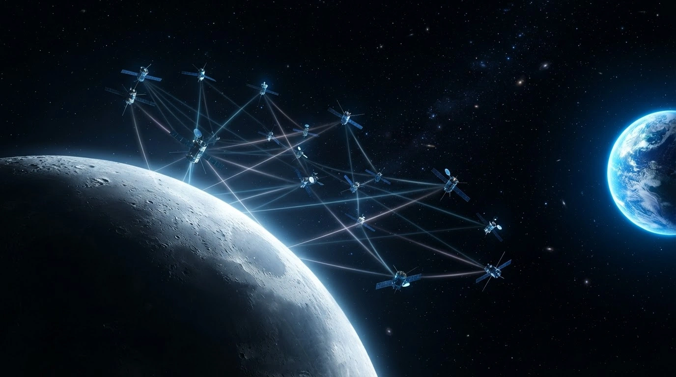 A network of advanced satellites orbits the moon to provide communication and navigation support for future lunar exploration missions.