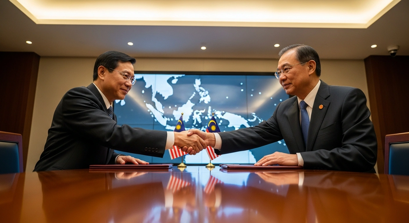 High-level officials from China and Malaysia shake hands across a polished table, symbolizing their second Bilateral Dialogue on the Management of Maritime Issues in the South China Sea, aimed at enhancing cooperation and promoting regional peace and stability.