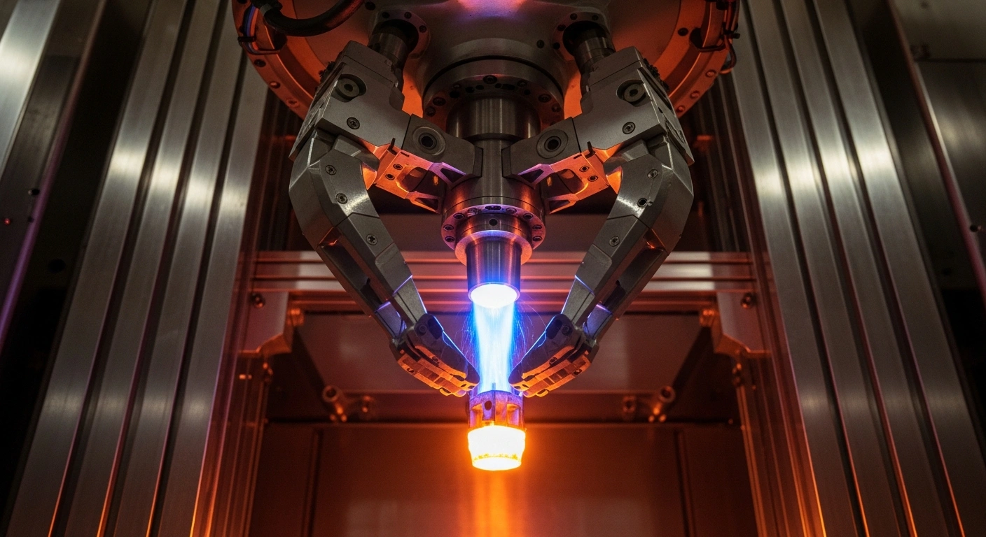 A high-tech robotic arm precisely manipulates a glowing, rapidly solidifying component under intense blue and orange light, symbolizing a Chinese research breakthrough in high-intensity heating and cooling for manufacturing laser weapon and electric vehicle parts.