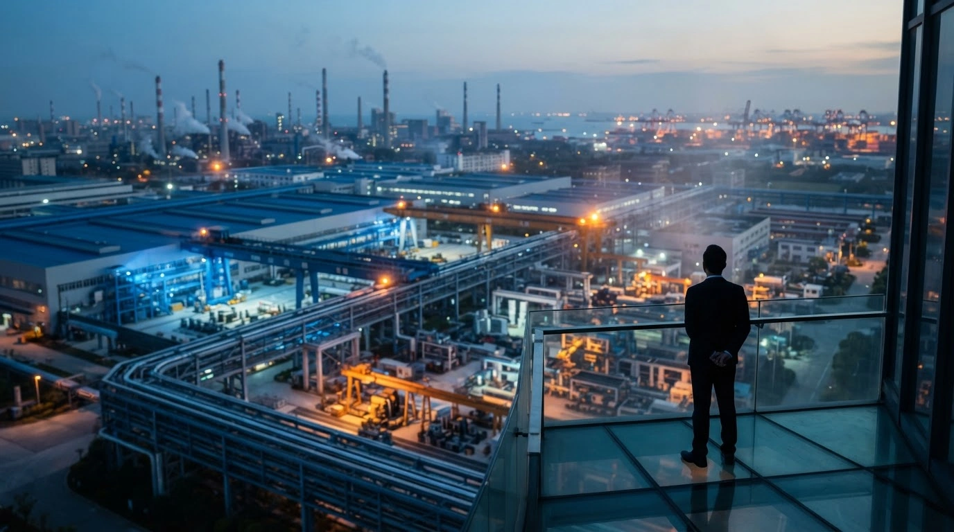 A silhouette of an analyst overlooks a vast Chinese manufacturing industrial zone during twilight as economists monitor economic data.
