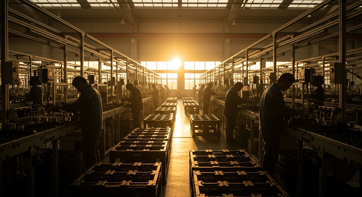A wide, low-angle shot captures a bustling Chinese manufacturing factory floor at dawn, with golden light illuminating active production lines and workers assembling components, symbolizing the sector's expansion in December 2025 driven by domestic orders.