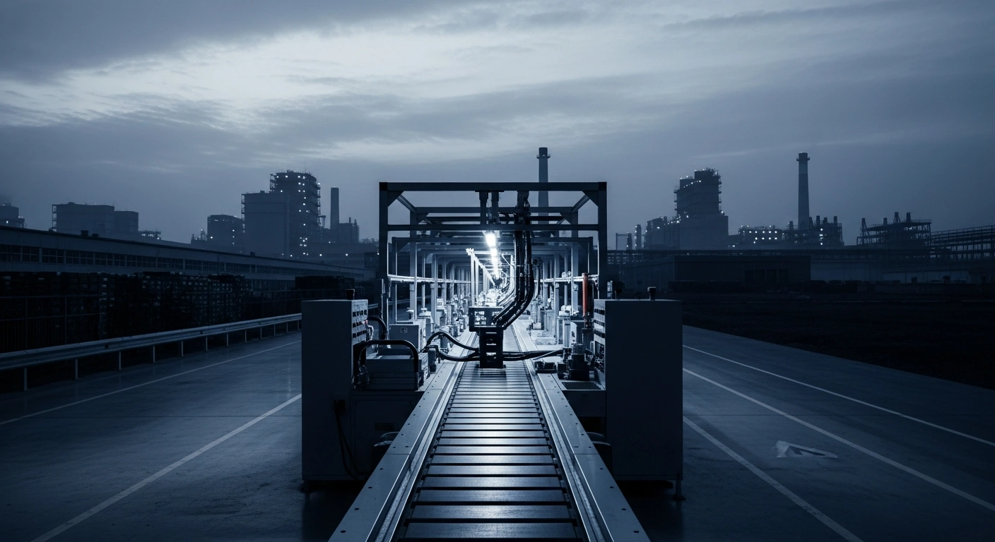 A quiet, modern industrial manufacturing facility in China represents the stagnation of the country's economic growth and manufacturing index.