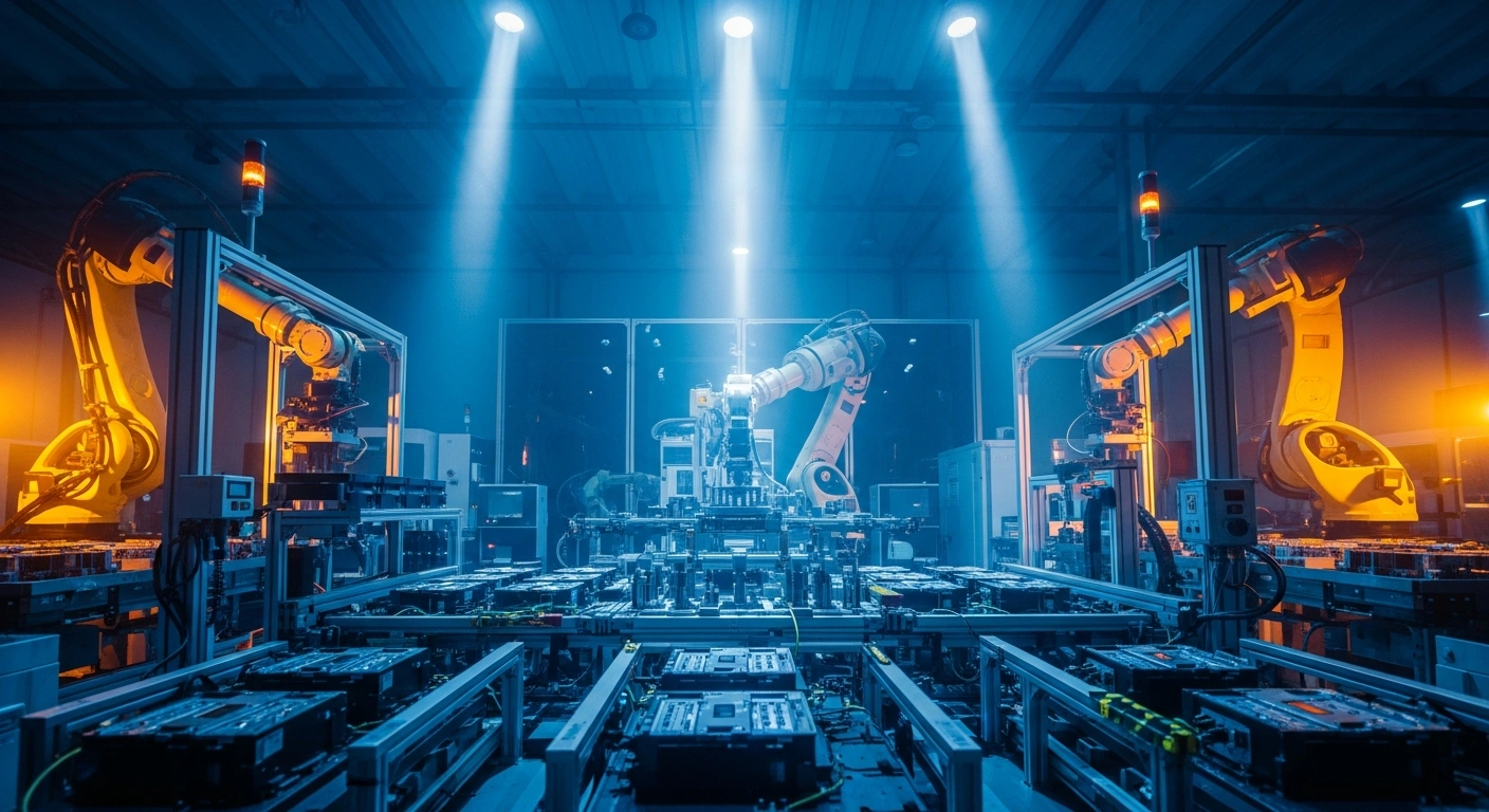 A modern high-tech manufacturing facility in China shows robotic arms assembling electronic components to represent the country's return to industrial growth.