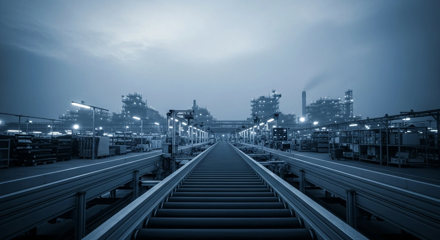 A wide-angle view of a quiet, modern manufacturing plant in China, representing the stagnation in the country's industrial sector growth.
