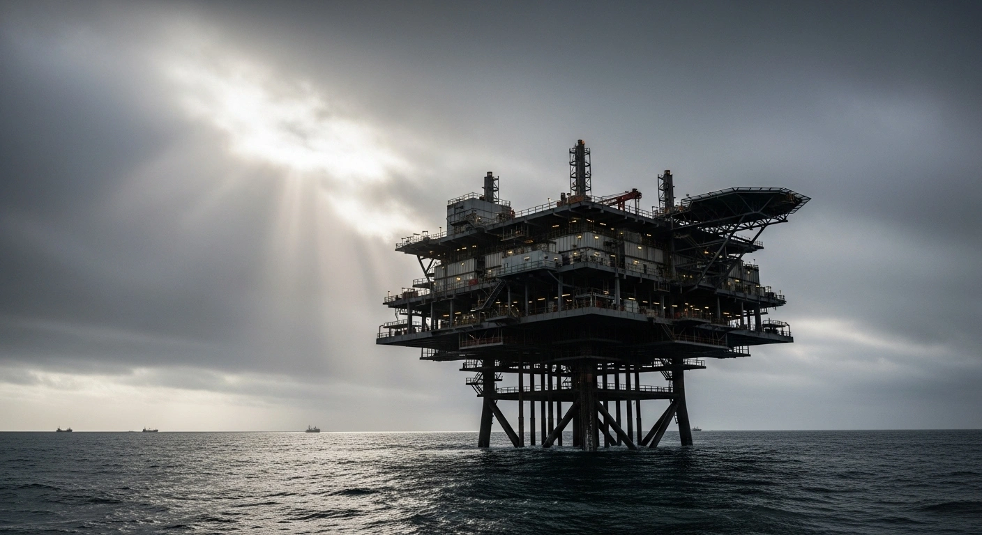 A massive, multi-tiered steel maritime platform, resembling a 'Shenlan' structure, rises from turbulent, grey waters under an overcast sky, with small fishing vessels in the distant background, symbolizing China's assertive strategy in disputed waters.