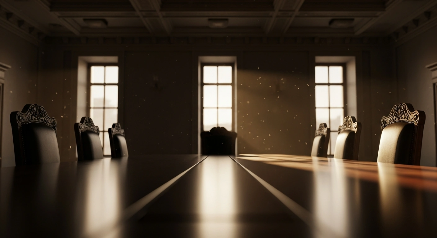 An empty conference table set for diplomatic negotiations represents China's efforts to mediate a ceasefire between Iran and the United States.