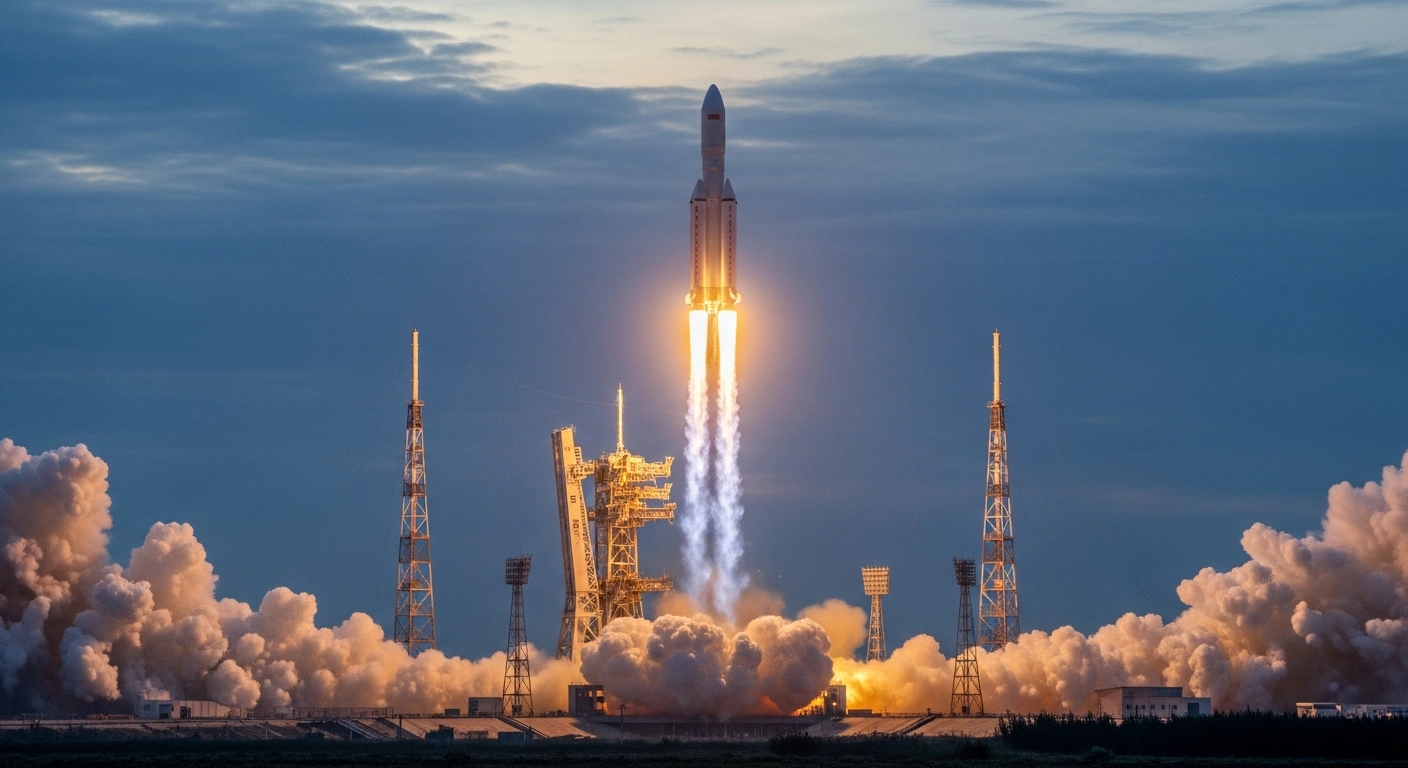A new-generation Long March-10 rocket, carrying the Mengzhou crewed spacecraft, launches from the Wenchang Satellite Launch Centre at dawn, signifying China's successful uncrewed test and its goal of landing astronauts on the moon by 2030.