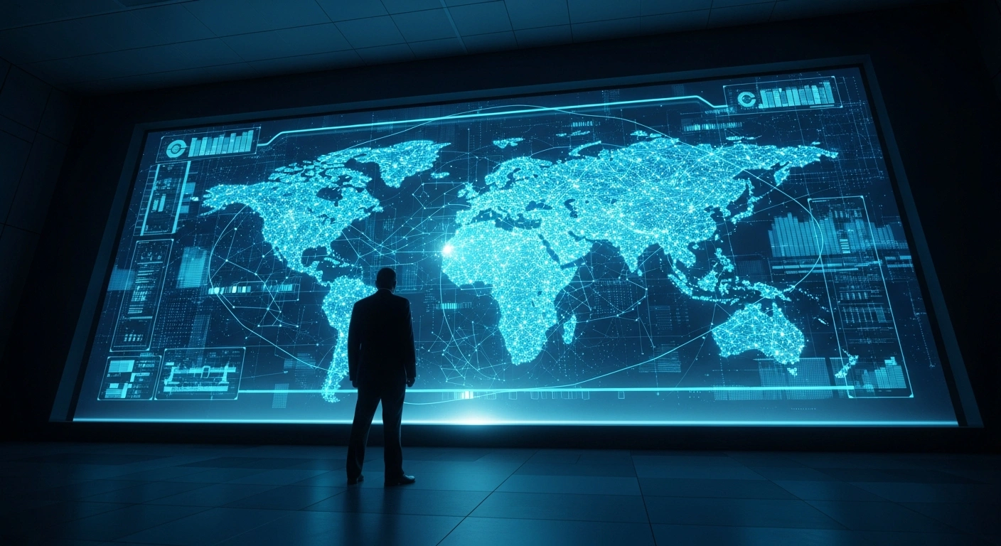 A solitary figure in a dimly lit control room observes a large holographic display, symbolizing China's Ministry of Commerce assessing Meta's acquisition of the AI startup Manus amidst concerns over technology export controls, national security, and U.S.-China tech rivalry.