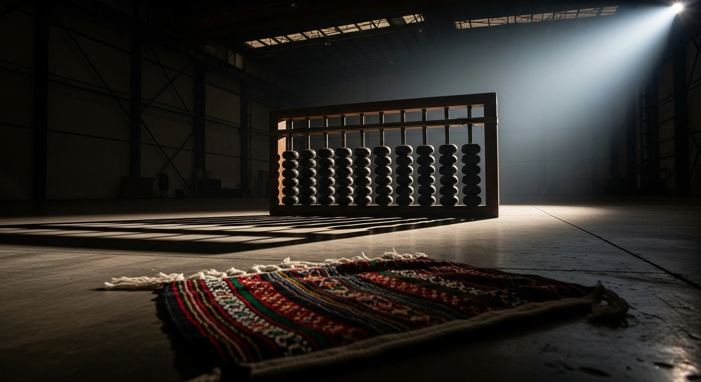 A dimly lit industrial hall features a massive, ornate Chinese abacus under a spotlight, casting shadows over a partially obscured Mexican textile, symbolizing Beijing's comprehensive investigation into Mexico's proposed tariffs on Chinese imports amidst escalating global trade tensions.