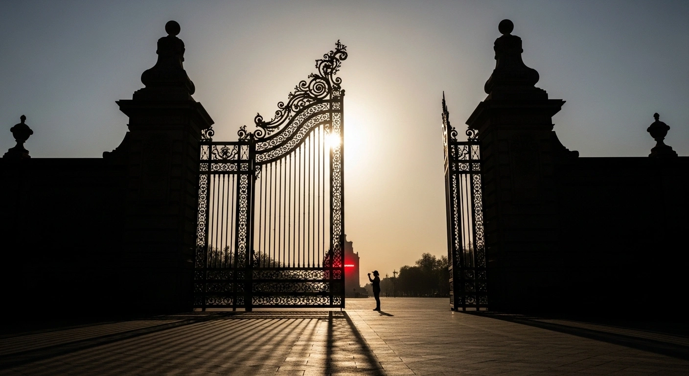 A wide-angle shot shows a colossal, ornate metal gate, half-closed, symbolizing Mexico's proposed tariffs, with a faint red light pulsing behind it, representing China's investigation into trade barriers, and a solitary figure in the foreground looking towards a hazy horizon, reflecting Mexico's efforts to protect domestic industries and counter U.S. trade pressures.