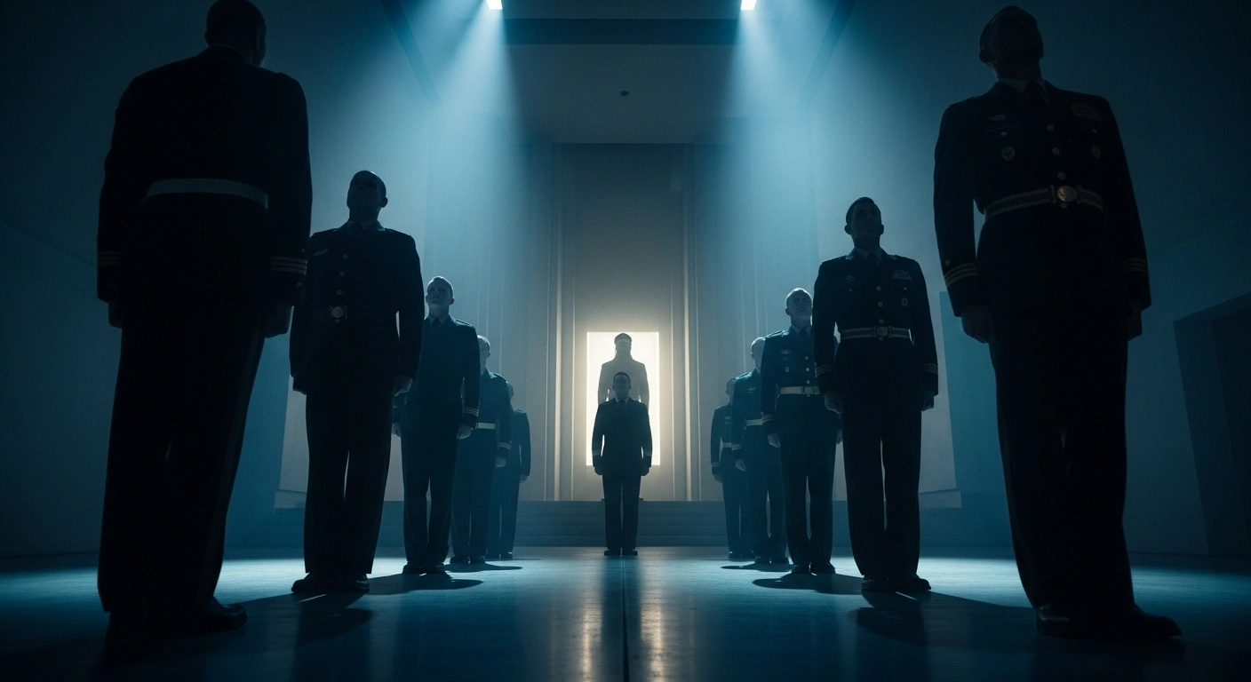 High-ranking Chinese military officials stand in a formal, dimly lit hall as part of a campaign to enforce discipline and combat corruption within the People's Liberation Army.