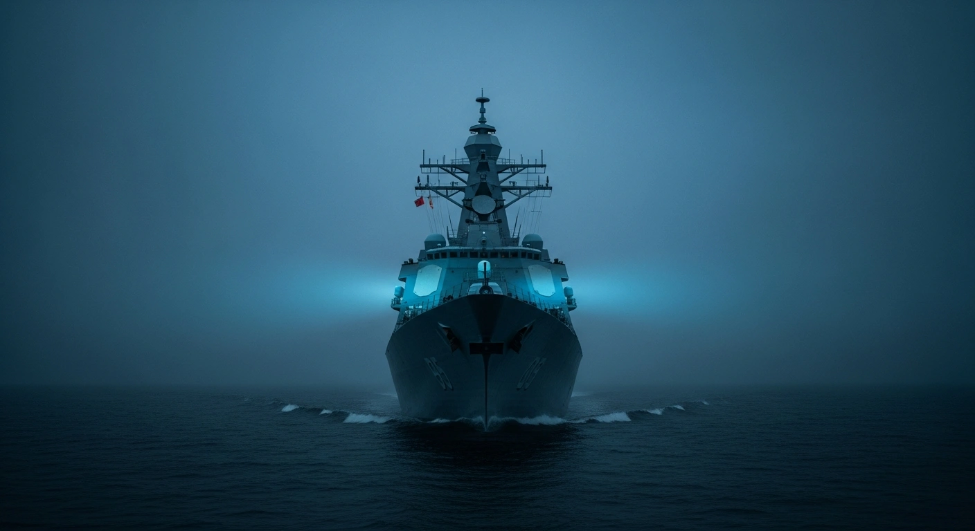 A modern Chinese naval destroyer sails through dark waters, representing the country's increased investment in military modernization and defense technology.