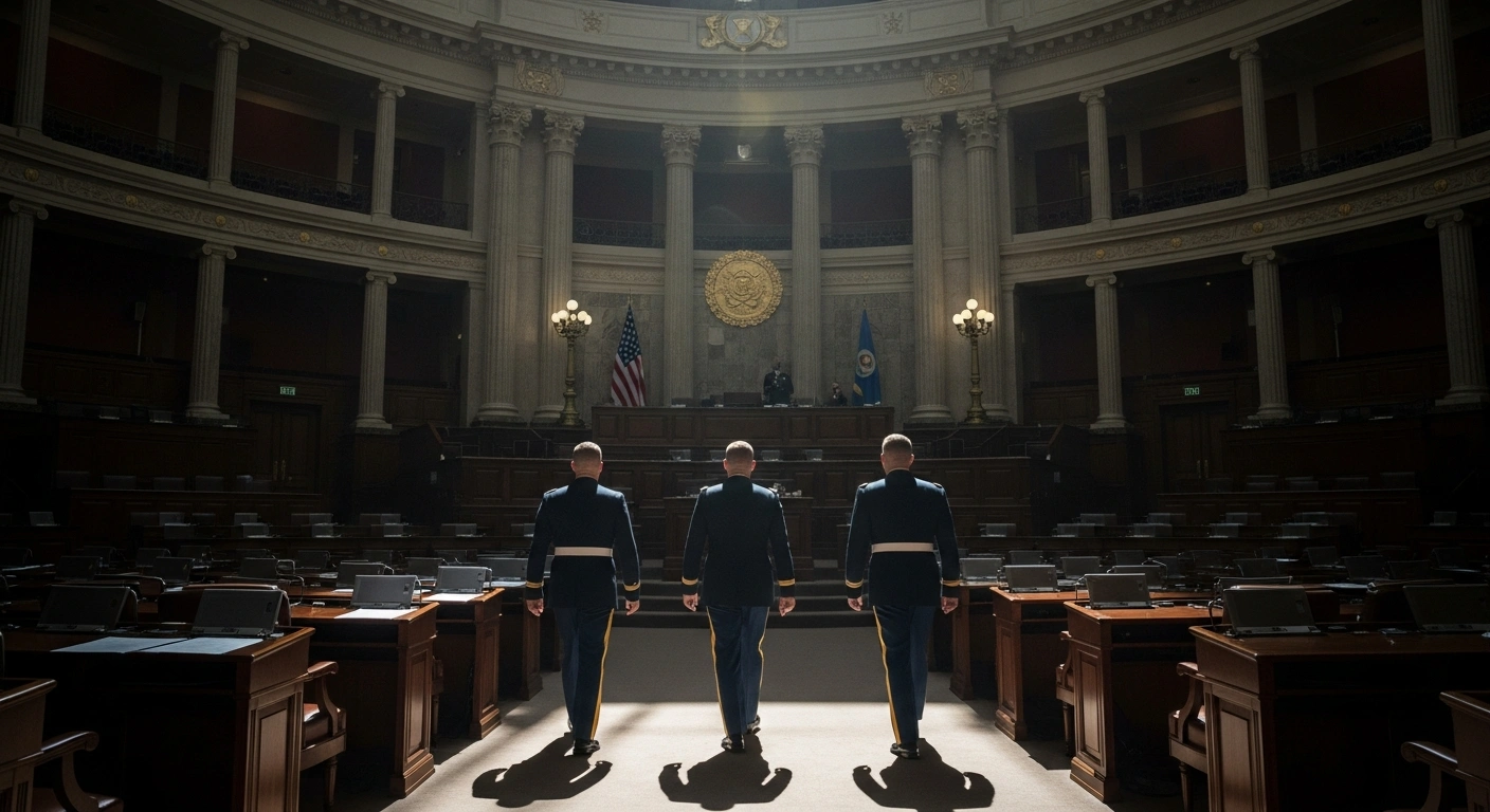 Three military officers, representing Admiral Wang Renhua, General Zhang Hongbing, and General Wang Peng, are shown walking away from a grand legislative chamber, symbolizing their expulsion by China's national legislature as part of an anti-corruption campaign targeting the military.