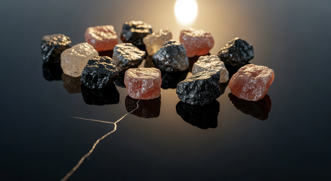 Raw gallium, germanium, and graphite minerals are meticulously arranged on a highly polished, obsidian-like surface, with a subtle hairline fracture running beneath them, illuminated by a soft, golden beam of light.