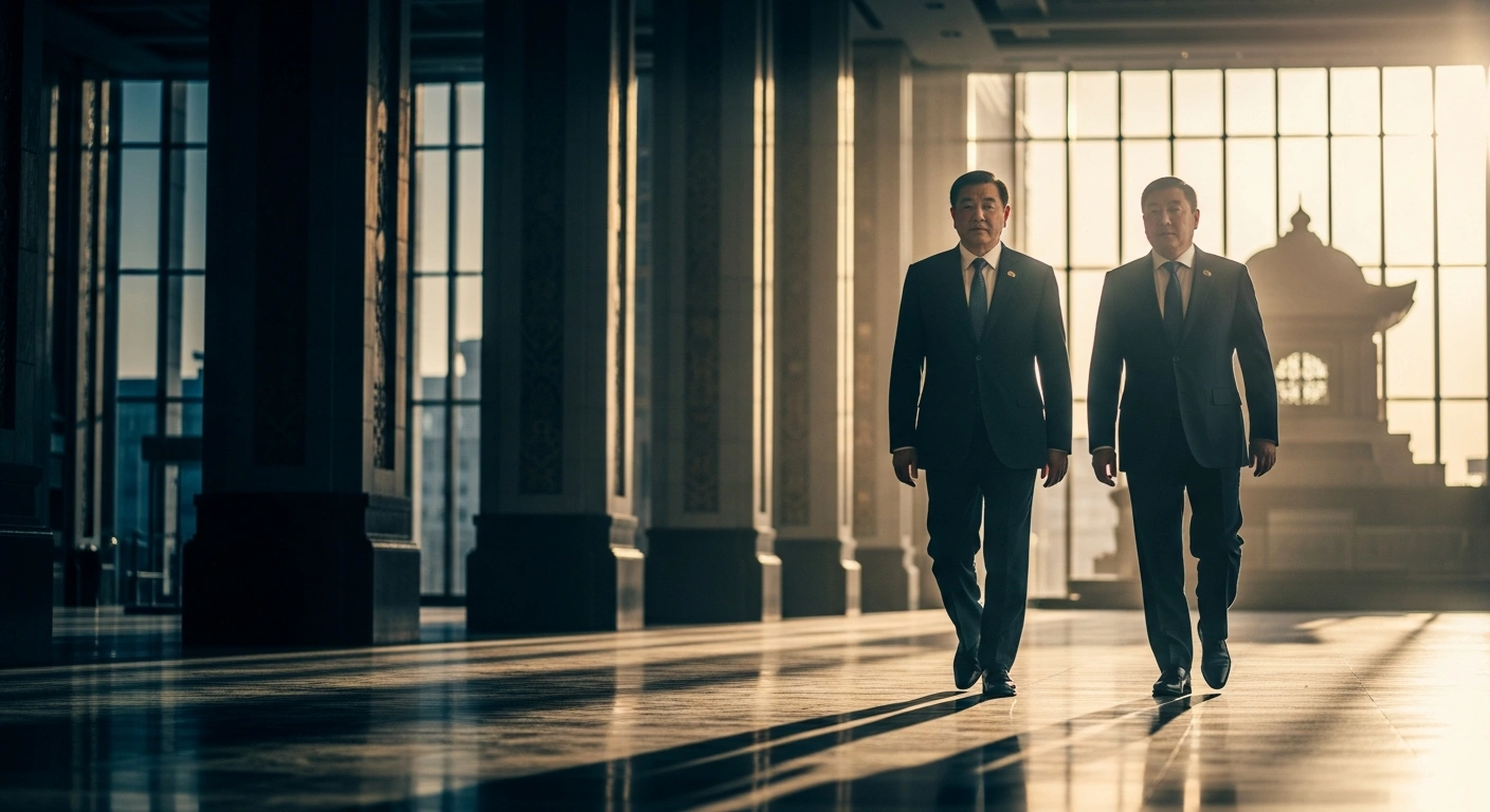 Chinese Foreign Minister Wang Yi walks with a Mongolian official through a government building in Ulaanbaatar to discuss bilateral infrastructure and energy cooperation.