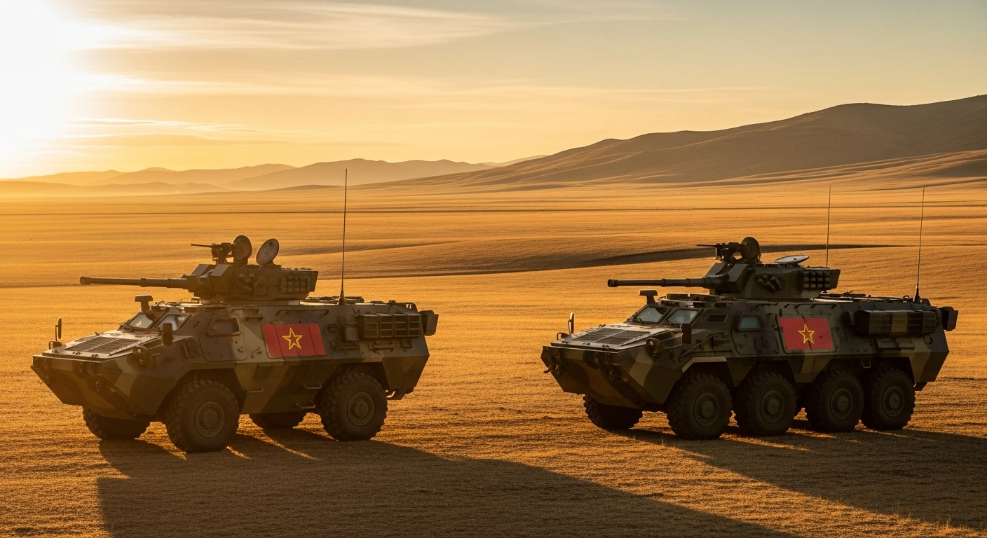 Chinese and Mongolian military vehicles are positioned together on the open steppe during a joint training exercise.