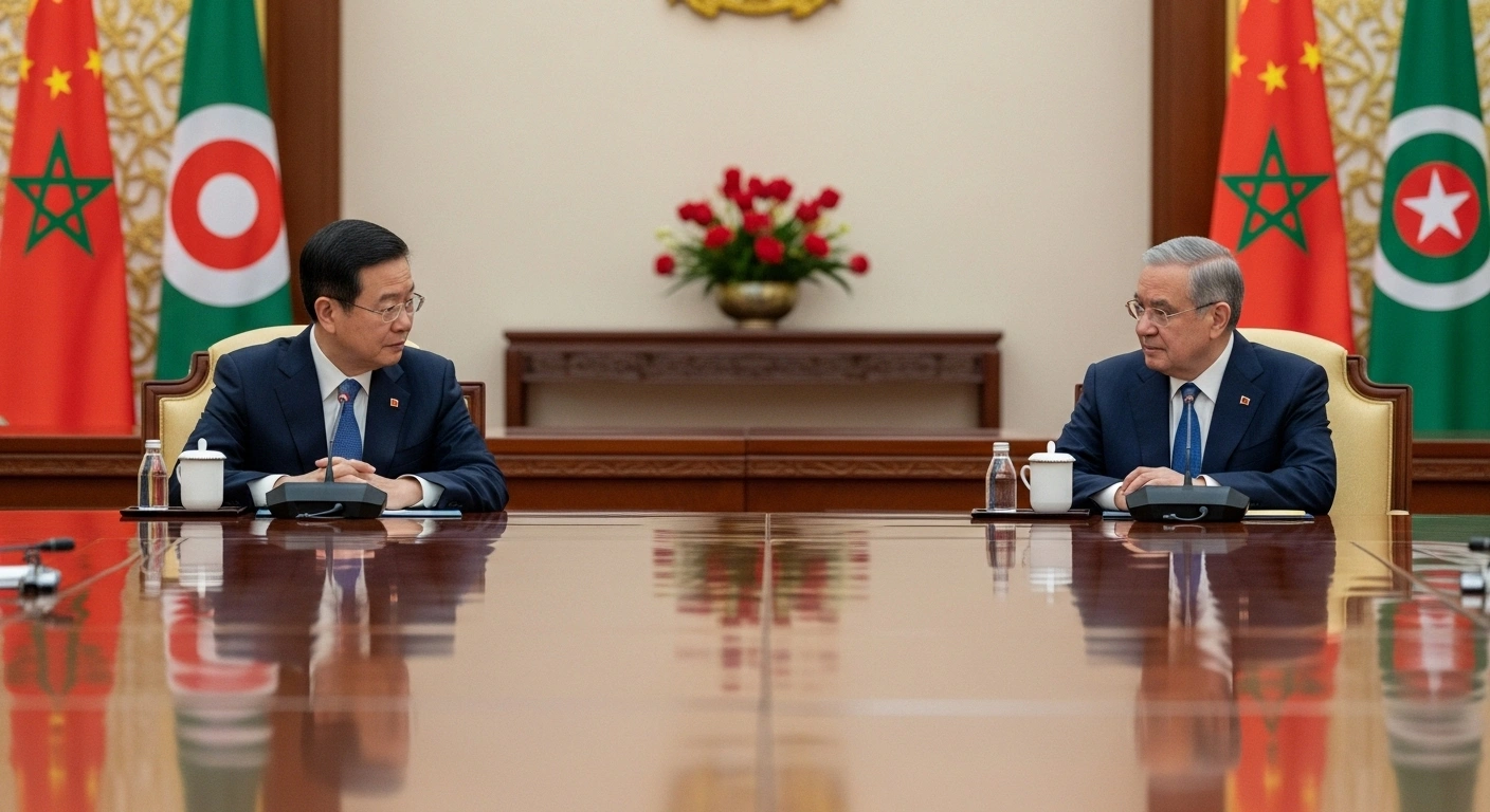 Chinese Foreign Minister Wang Yi and Moroccan counterpart Nasser Bourita are seated at a polished table in a diplomatic chamber, engaged in discussions about a Gaza ceasefire and a two-state solution.