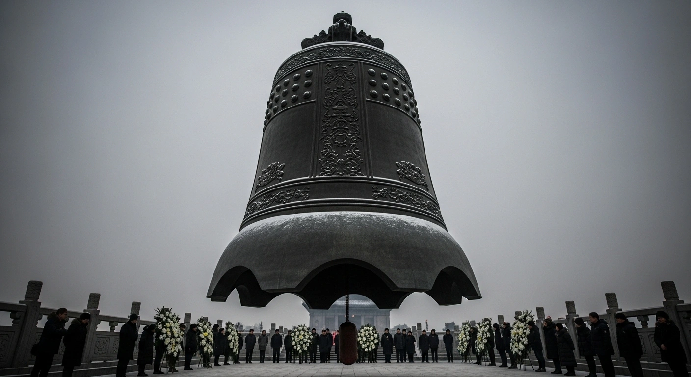 A solemn crowd gathers in Shenyang, China, observing the 94th anniversary of the September 18 Incident, also known as the Mukden Incident, with a large, ancient bronze bell silhouetted against a pre-dawn sky, symbolizing the pivotal 1931 event that marked the beginning of China's War of Resistance Against Japanese Aggression.