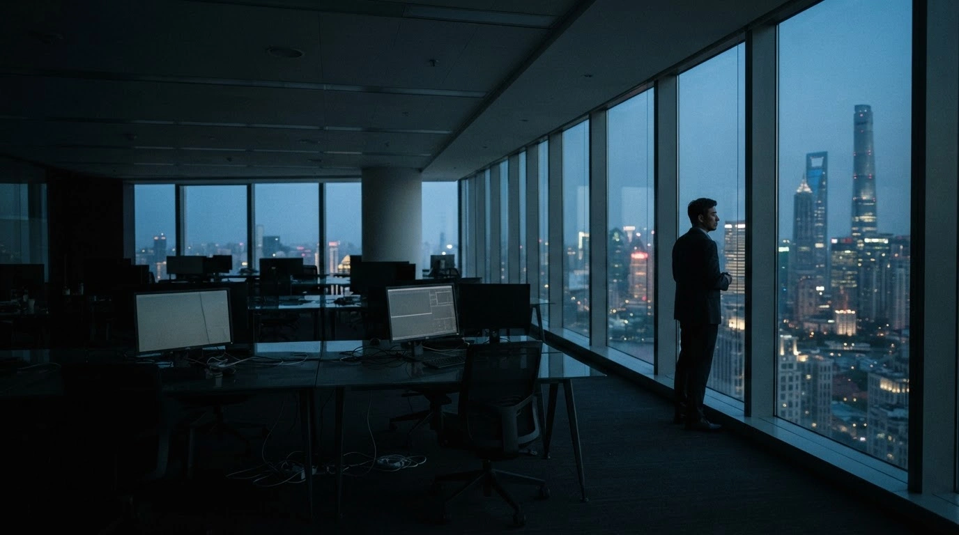 A lone asset manager stands in a dark, empty office overlooking a city skyline, representing the record liquidation of mutual funds in China's struggling financial market.