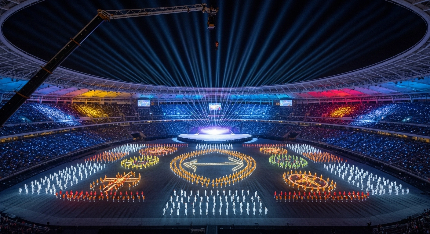 A wide-angle view of the illuminated stadium during the opening ceremony of the 15th National Games of the People's Republic of China in Guangzhou, highlighting the co-hosting by Guangdong, Hong Kong, and Macao.