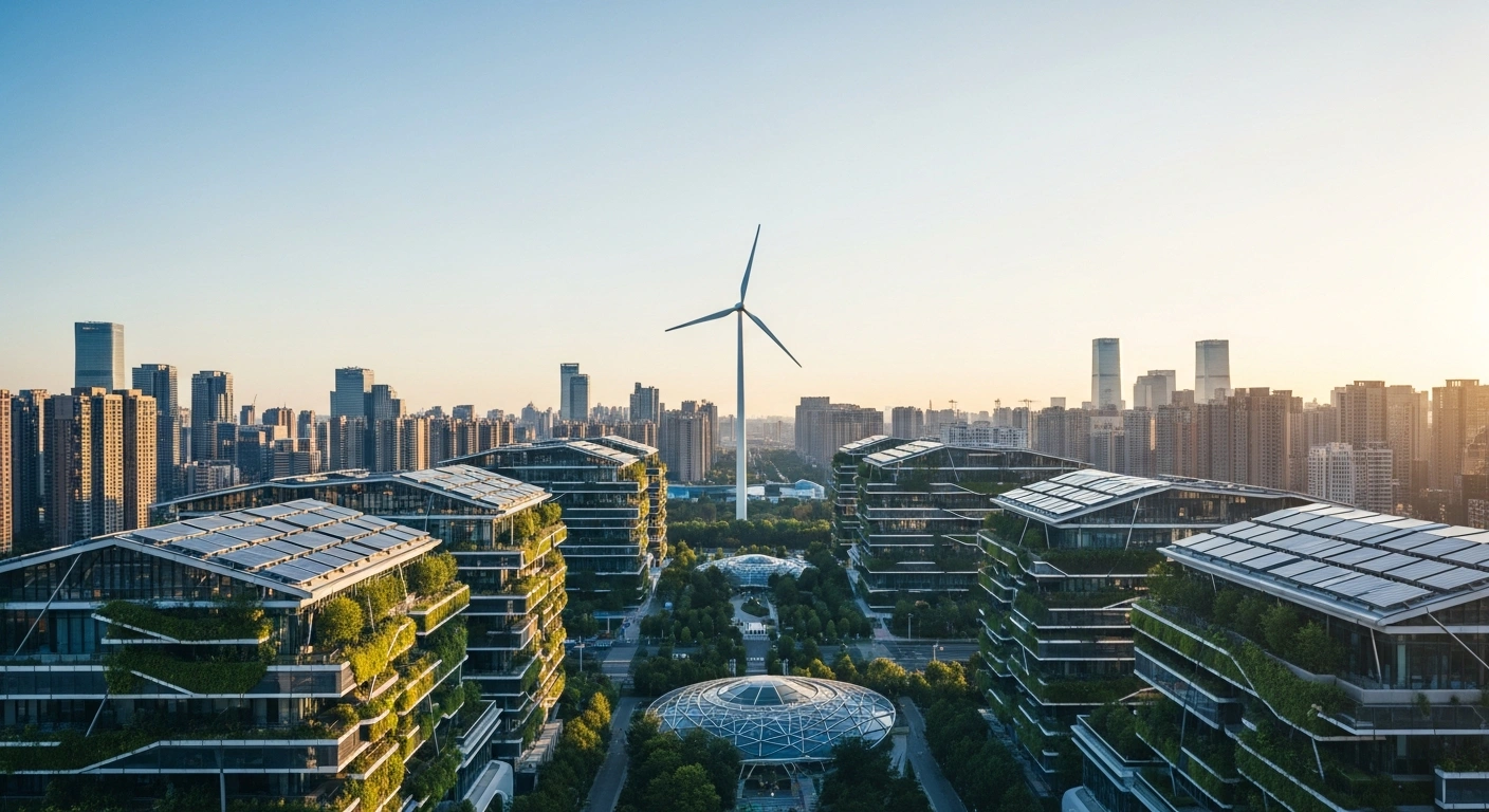 A modern Chinese city features sustainable architecture and green energy infrastructure to represent the nation's commitment to carbon neutrality on National Low-Carbon Day.