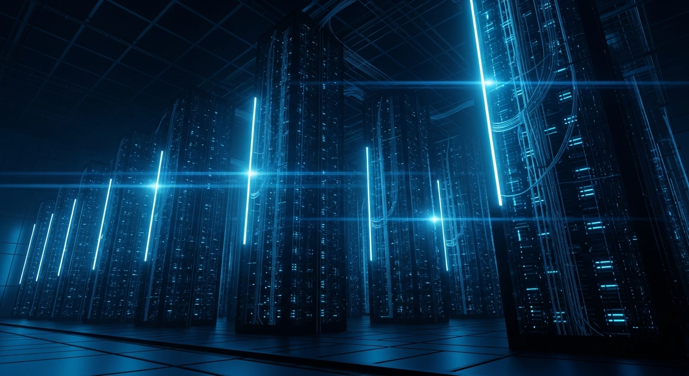 A futuristic data center core representing China's national supercomputing internet infrastructure glows with blue light in a modern facility.