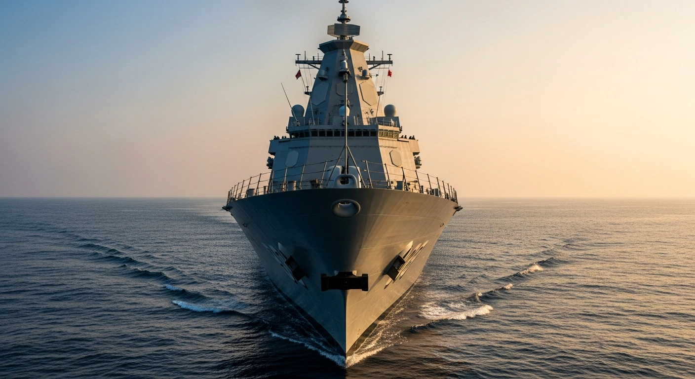 A colossal, sleek grey warship, representing China's advanced naval expansion, cuts through the deep blue Indo-Pacific waters at dawn, its immense deck casting long shadows.