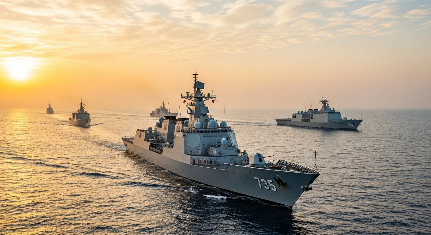A wide-angle shot at magic hour shows the Chinese guided-missile destroyer Tangshan leading the frigate Daqing and supply ship Taihu in a powerful naval formation on anti-piracy patrol in the Gulf of Aden.