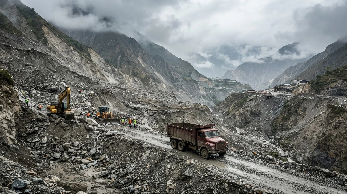 Heavy machinery clears debris from a mountain road at the China-Nepal border crossing to restore trade and transit routes.