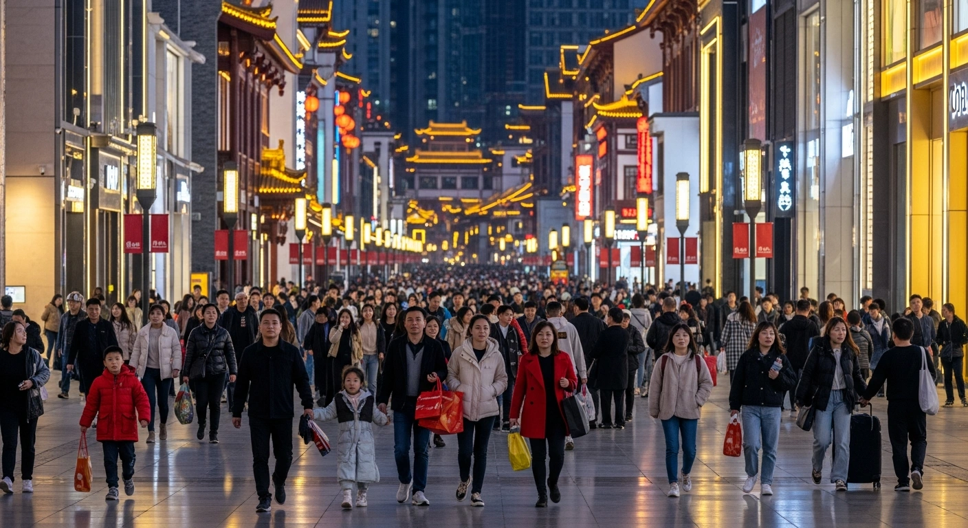 A bustling, illuminated pedestrian street in a vibrant Chinese city during a holiday evening, filled with hundreds of domestic and international travelers carrying shopping bags, reflecting China's significant New Year consumption boom and strong consumer confidence.