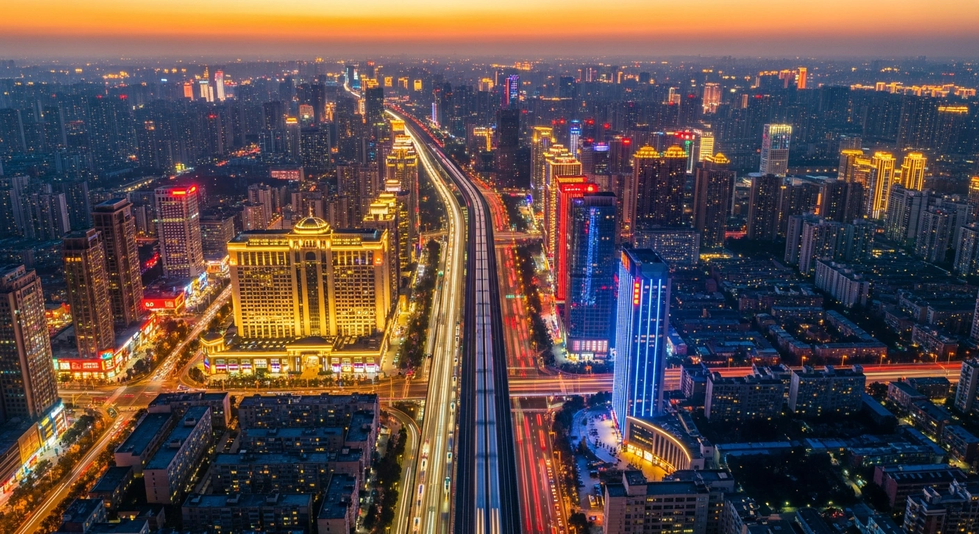 A high-angle view captures a modern Chinese city at dusk, illuminated by streaks of light from moving vehicles and glowing buildings, symbolizing the significant surge in New Year 2026 travel and consumer activity, including rail trips and hotel bookings, indicating economic recovery.
