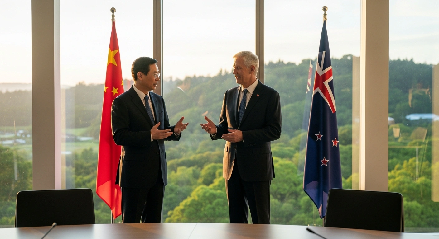 A photorealistic image depicts a formal meeting between a Chinese dignitary and a New Zealand official in a modern conference room, symbolizing the recent official visit by China's top legislator Zhao Leji to New Zealand for discussions on deepening cooperation in trade, investment, green transformation, digital economy, and cultural exchanges.