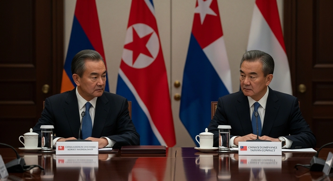 Foreign Ministers Wang Yi of China and Choe Son Hui of North Korea are depicted in a formal meeting, seated at a polished conference table with national flags in the background, symbolizing their agreement to strengthen bilateral relations and oppose 'hegemonism' and 'unilateralism'.