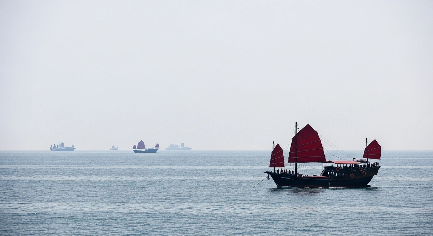 A solitary traditional cargo junk, symbolizing China's exports, drifts slowly away from a distant convoy on a calm sea under an overcast sky, representing the 0.05% year-on-year decline in trade to North Korea in August 2025 amidst international sanctions and diplomatic engagements.