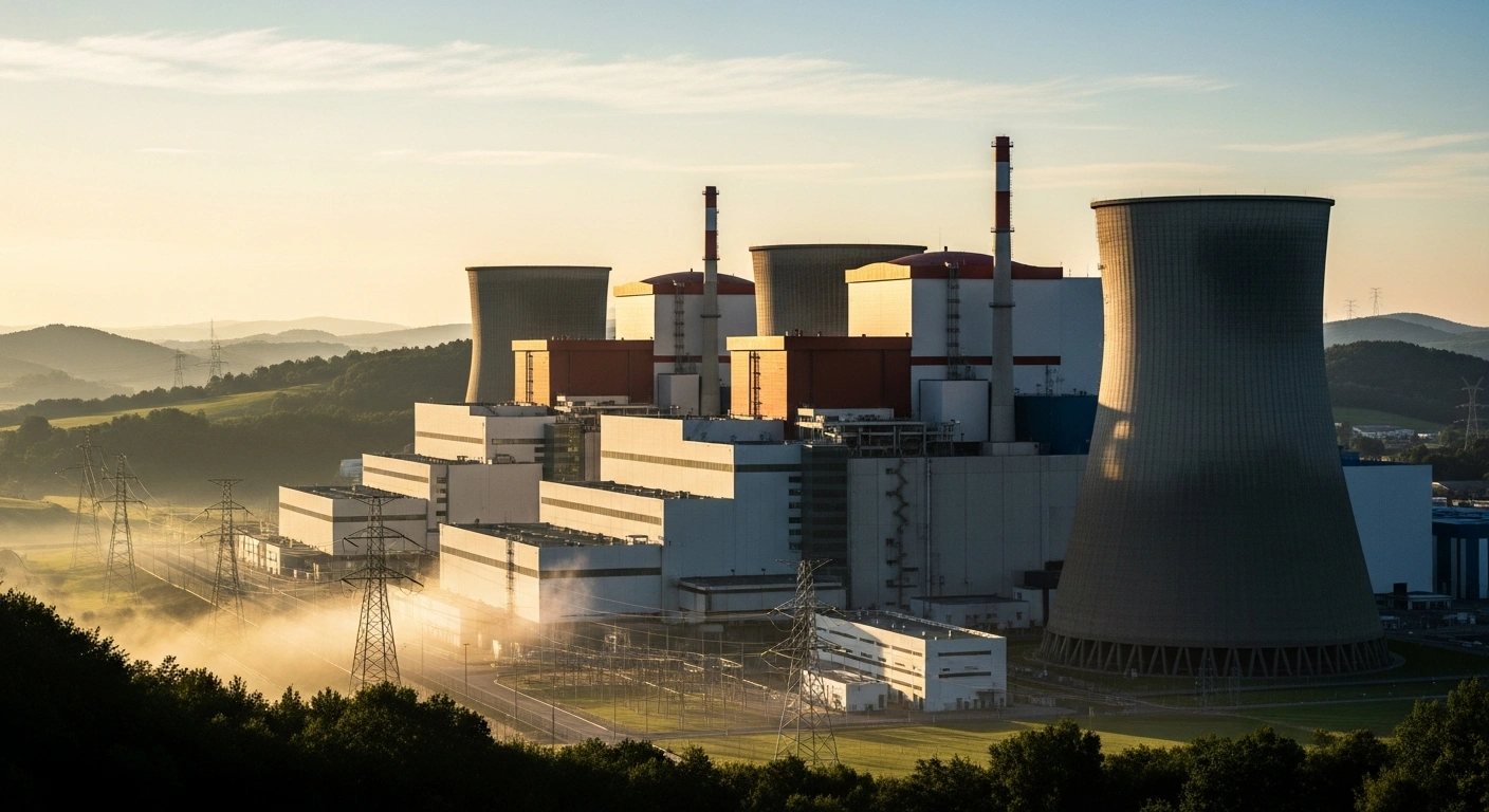 A modern nuclear power plant facility stands in a landscape as part of China's new clean energy infrastructure investment.