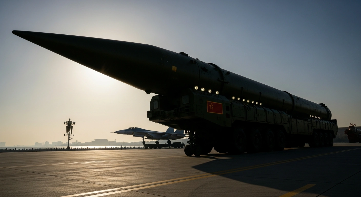 A dramatic, low-angle photograph captures a large Chinese land-based intercontinental ballistic missile on display during a military parade in Beijing, with subtle visual elements hinting at air-launched and submarine-launched capabilities, symbolizing China's full nuclear triad and enhanced strategic deterrence.
