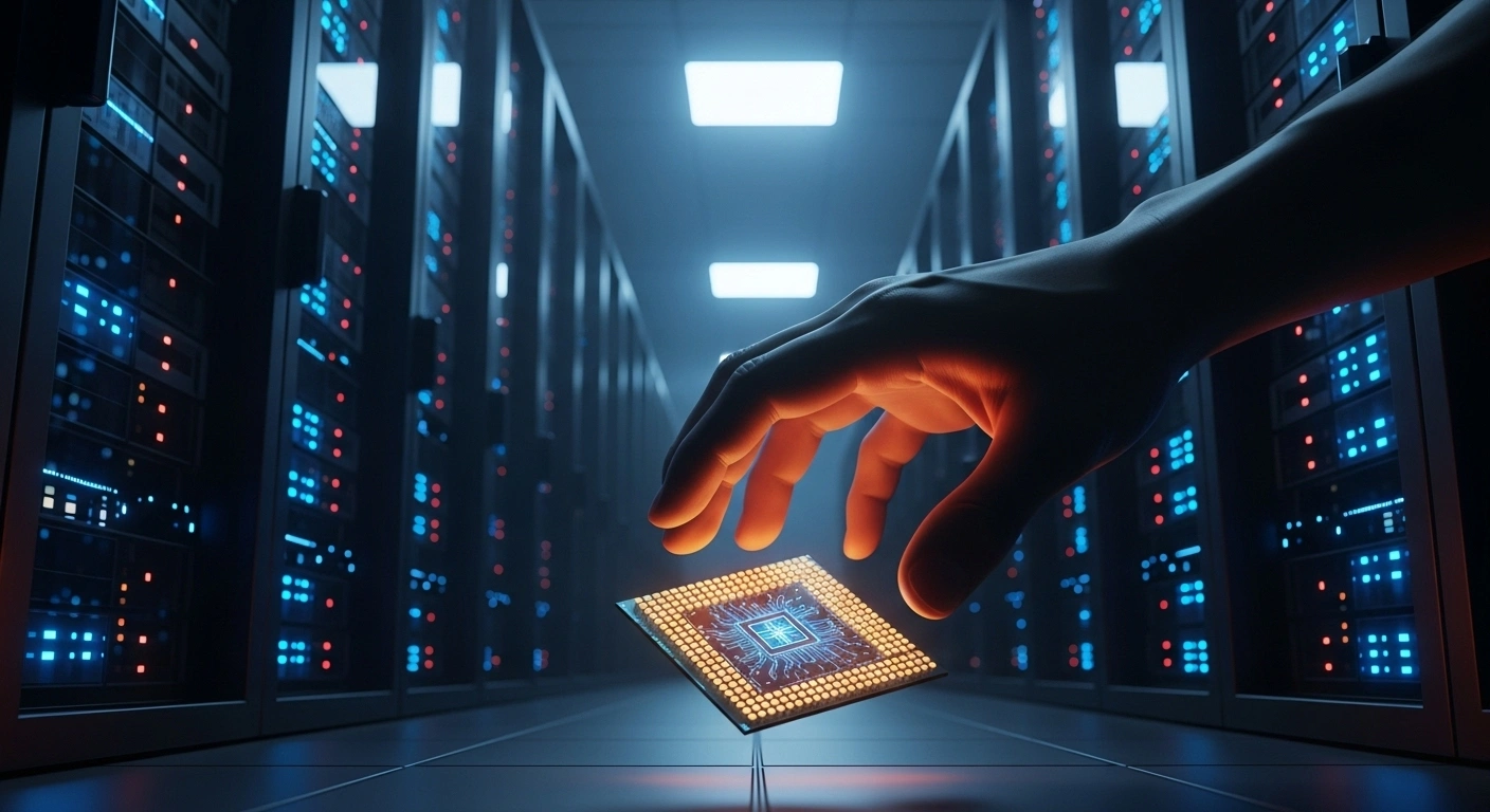 A low-angle, high-contrast shot within a futuristic, dimly lit server room depicts a powerful, monolithic hand reaching towards a glowing microchip, symbolizing China's intensified tech rivalry with the US, its new import controls, and an antitrust probe against NVIDIA's processors.