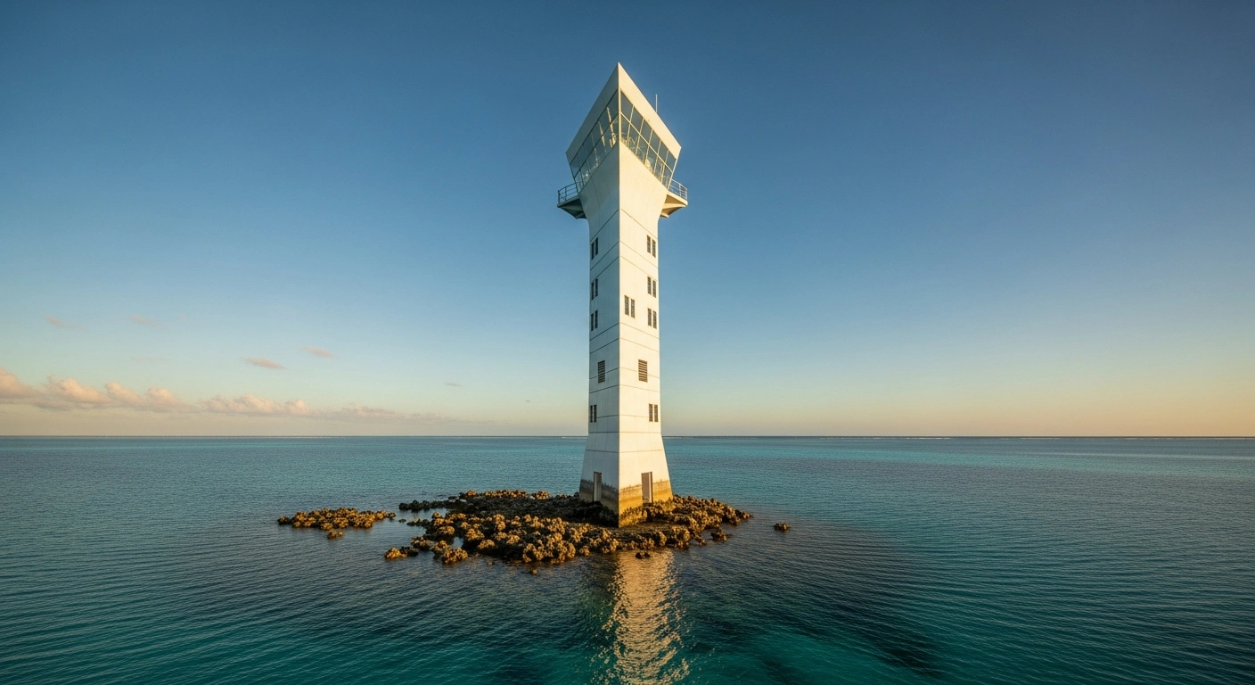 A tall observation tower stands on the Fiery Cross Reef in the South China Sea, built to monitor environmental and maritime conditions.