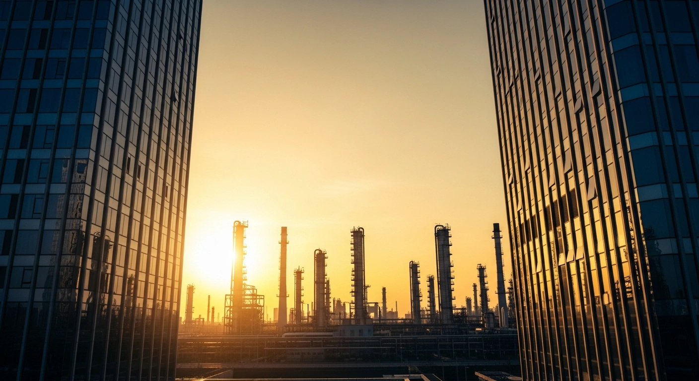 A modern industrial landscape in China features oil refineries and skyscrapers under a golden sunset, representing the impact of rising oil prices on the nation's economic recovery.