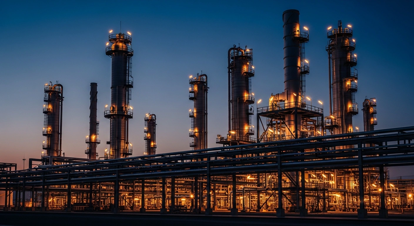 A large industrial oil refinery in China stands under a twilight sky as the country halts diesel and gasoline exports to ensure domestic energy security.