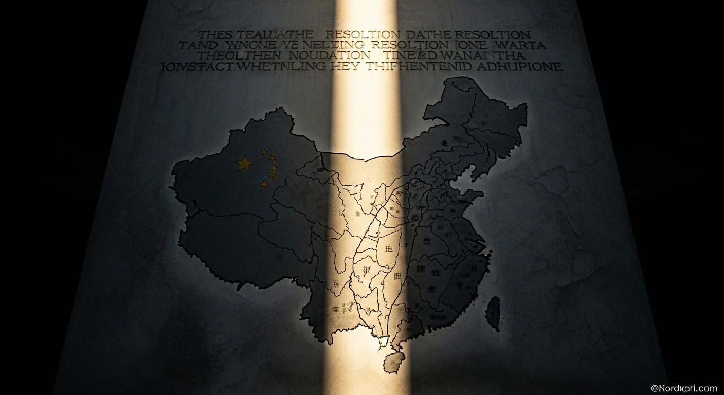 A colossal, ancient stone tablet, etched with the script of a foundational resolution, is illuminated by a golden light, prominently displaying a stylized map of China that includes Taiwan, symbolizing China's firm stance on the One-China Principle and UN General Assembly Resolution 2758.