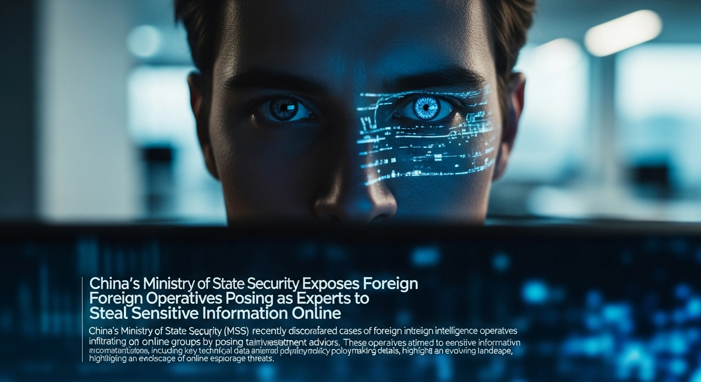 A shadowy figure's face, partially illuminated by the cold blue glow of a computer screen reflecting abstract data, represents a foreign intelligence operative infiltrating online professional groups to extract sensitive technical and policymaking information, as disclosed by China's Ministry of State Security.