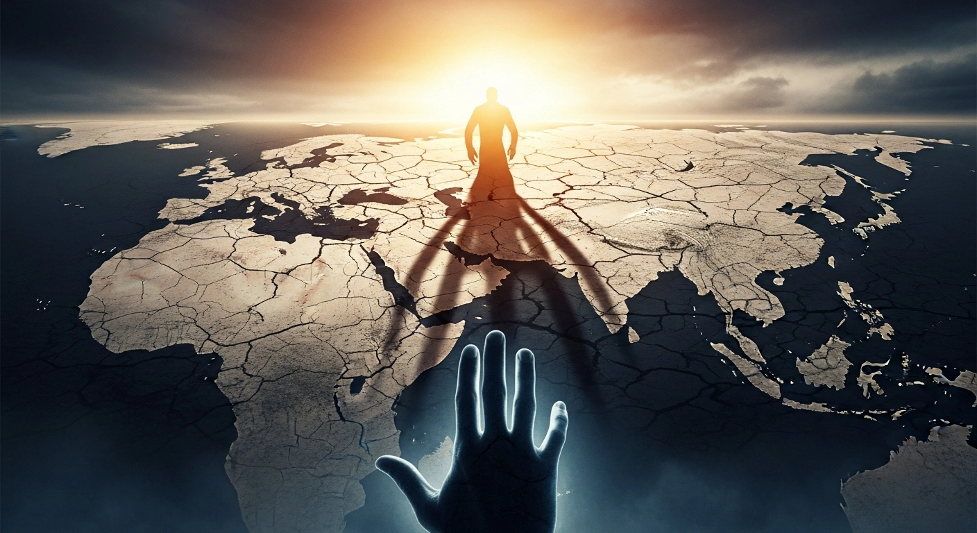 A dramatic low-angle shot features a stylized, ominous silhouette of a rising sun, symbolizing Japan's potential militarism, casting sharp shadows over a cracked stone map of Asia, representing regional instability, with a powerful, watchful hand, symbolizing Chinese opposition, poised in the foreground under a turbulent sky.