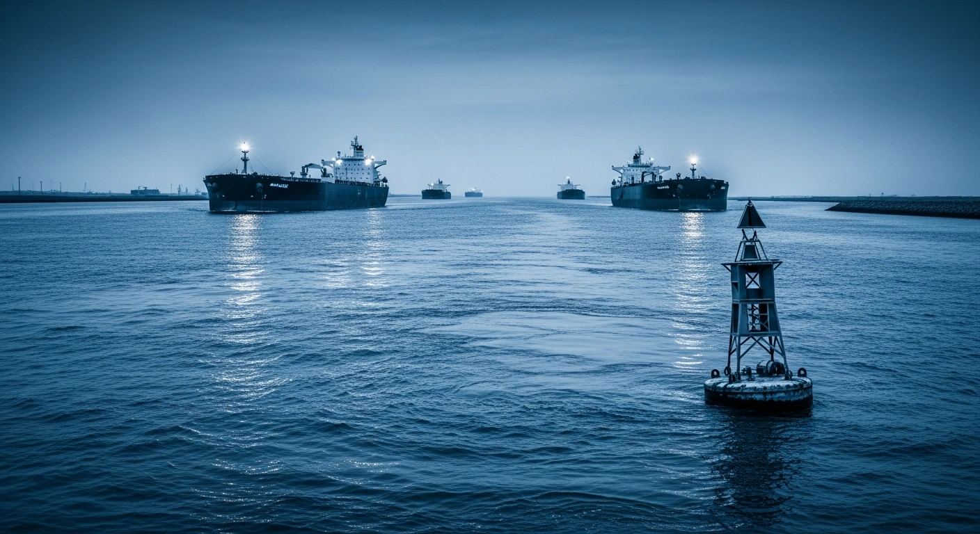 A wide view of oil tankers navigating the Strait of Hormuz at twilight, representing the geopolitical tension surrounding the UN resolution.