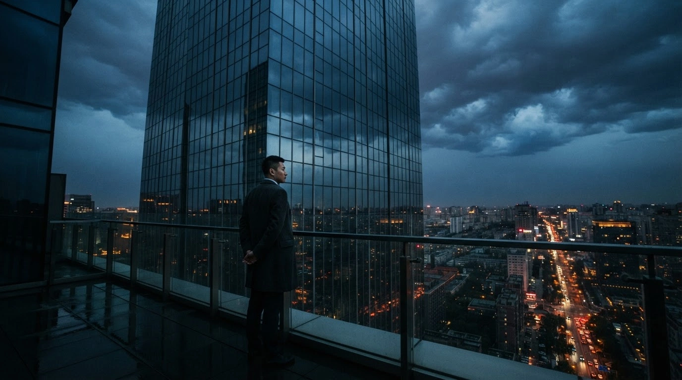 A modern office building in Beijing stands against a dark sky as the Chinese government opposes new U.S. sanctions on companies with ties to Russia.