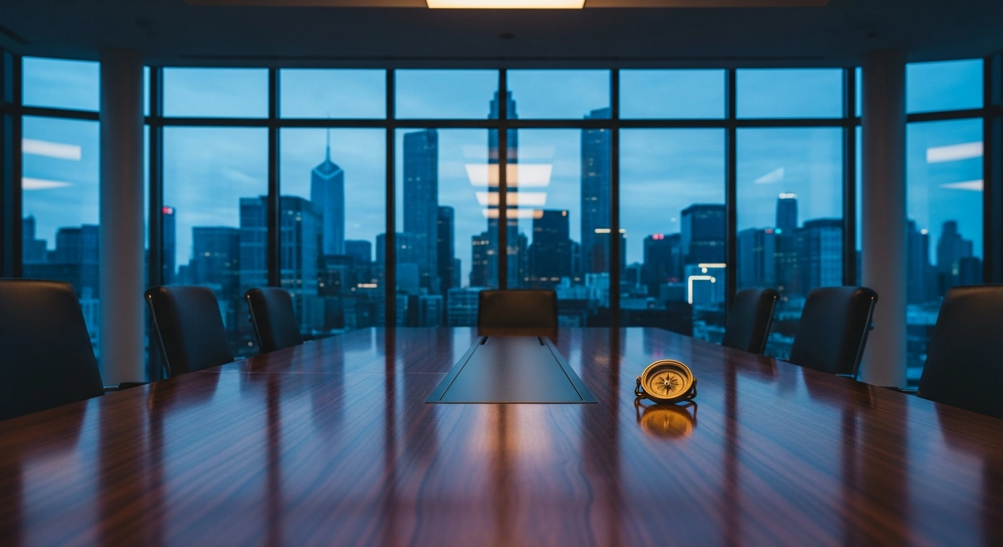 A modern boardroom overlooks a financial district, representing China's new regulatory framework for outbound investment and national security compliance.