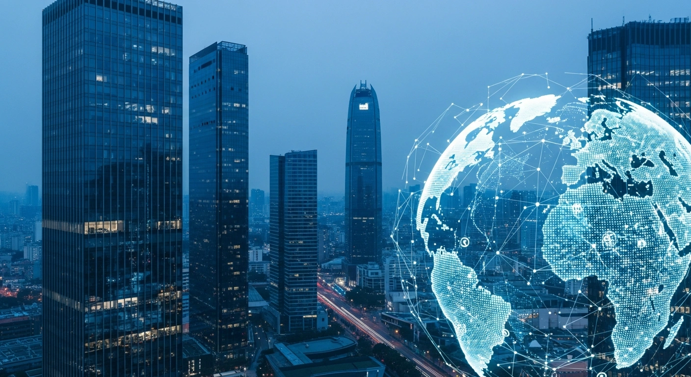 A digital representation of global financial data flows and outbound investment oversight under new Chinese national security regulations.