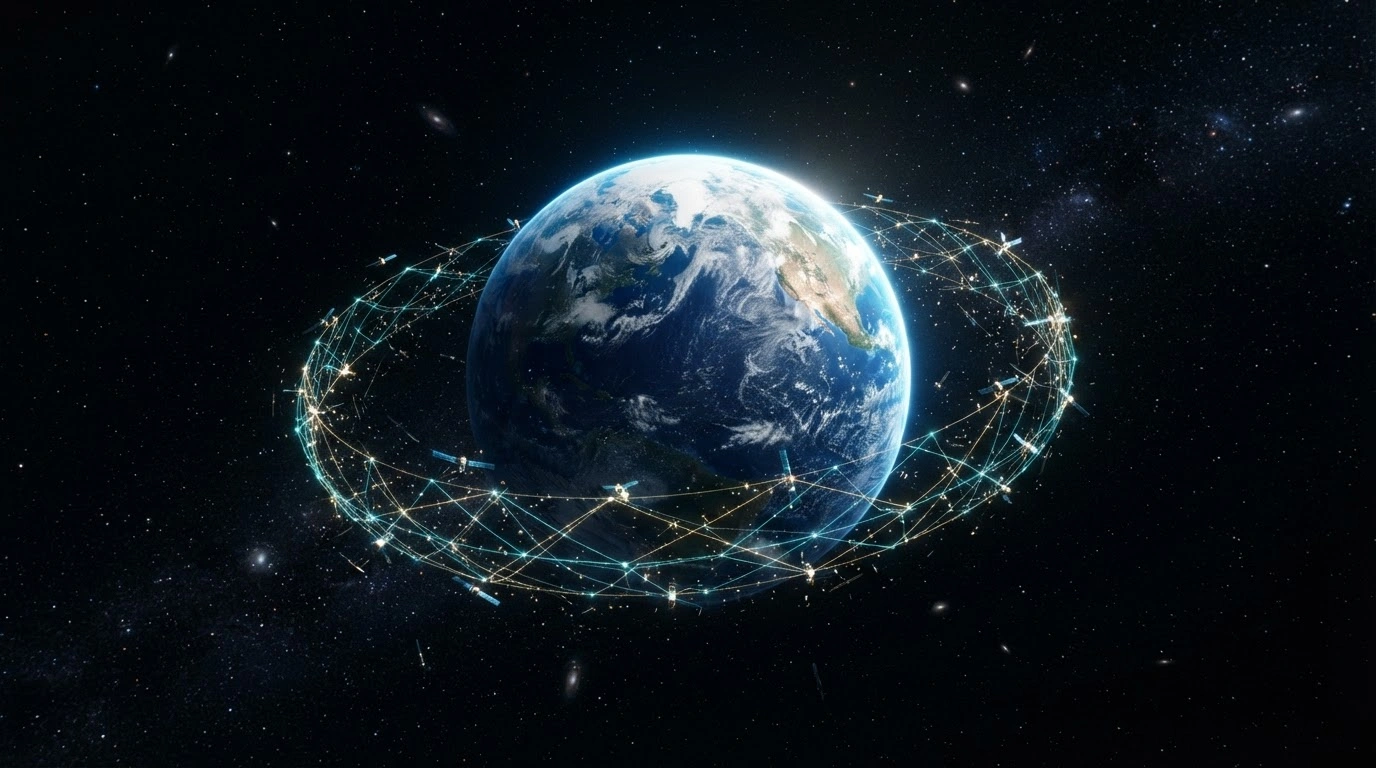 A cinematic view of Earth from space with a glowing ring of satellites representing China's proposal for peaceful outer space governance and international cooperation.