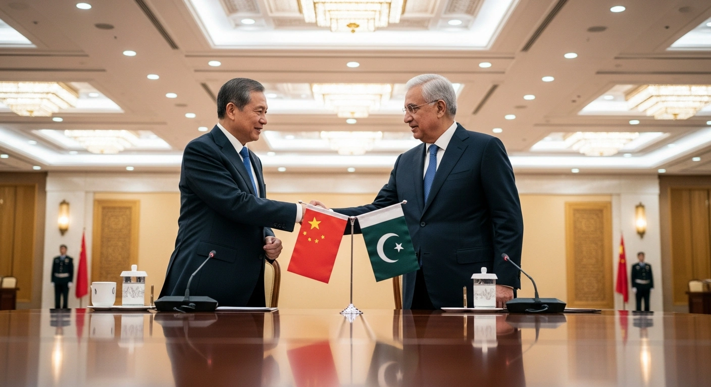 Chinese State Councilor Wang Xiaohong and Pakistan's Minister Syed Mohsin Raza Naqvi shake hands across a polished conference table in a formal meeting room in Beijing, symbolizing strengthened law enforcement and security cooperation.